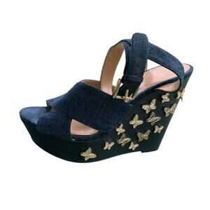 Michael Kors Lacey Navy Denim Butterfly Wedge Platform Sandals Size 9
